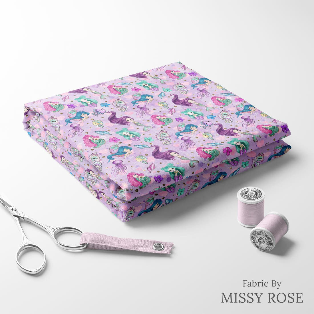 Design 503 Purple Mermaid Fabric folded fabric stack with matching thread – pre-order fabric Australia | Fabric by Missy Rose