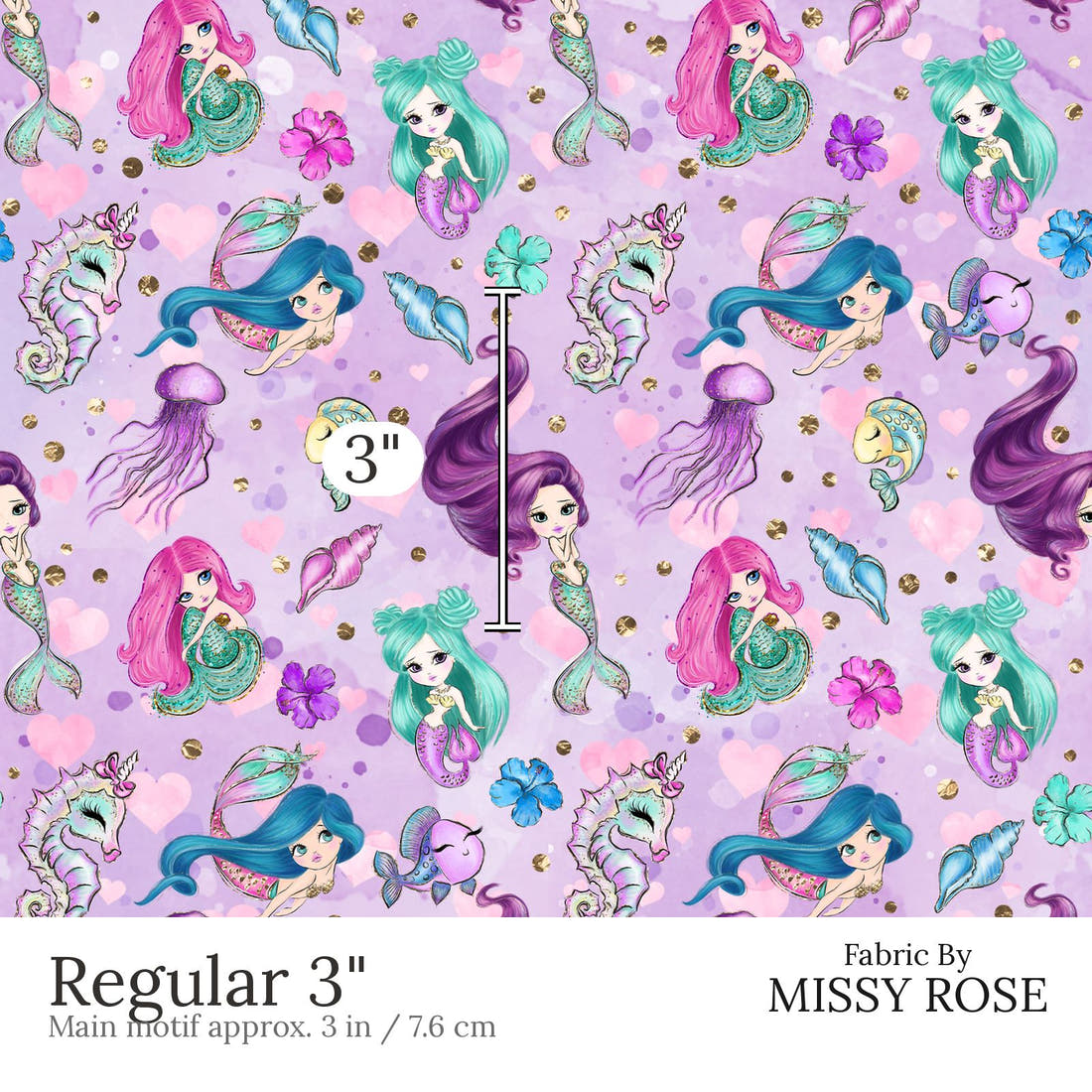 Design 503 Purple Mermaid Fabric Regular 3 inch print scale guide | Fabric by Missy Rose