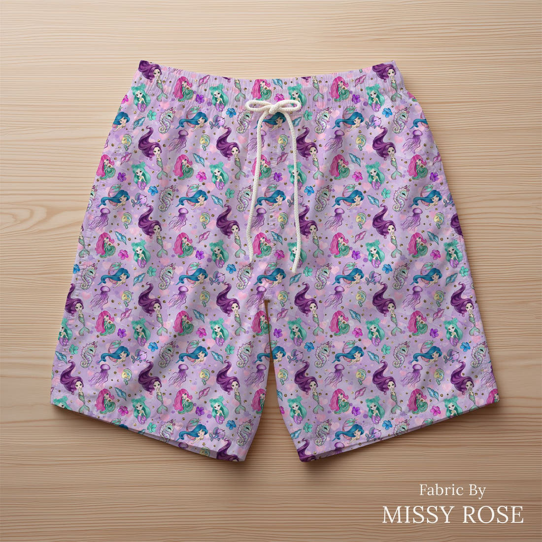 Design 503 Purple Mermaid Fabric sewn into swim shorts – see how the print looks made up | Fabric by Missy Rose