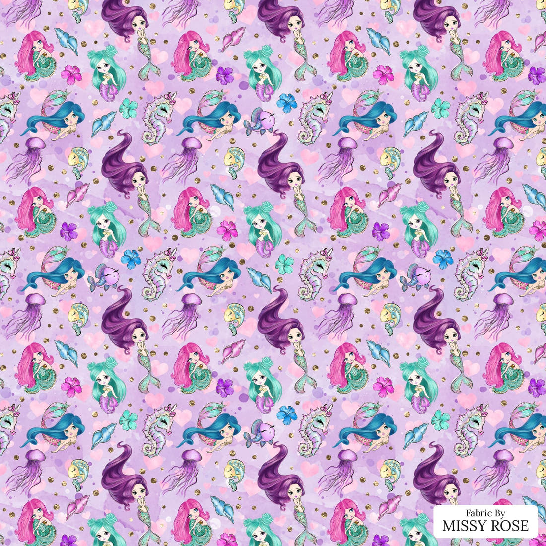 Design 503 Purple Mermaid Fabric - flat view of the print, zoom in for detail | Fabric by Missy Rose