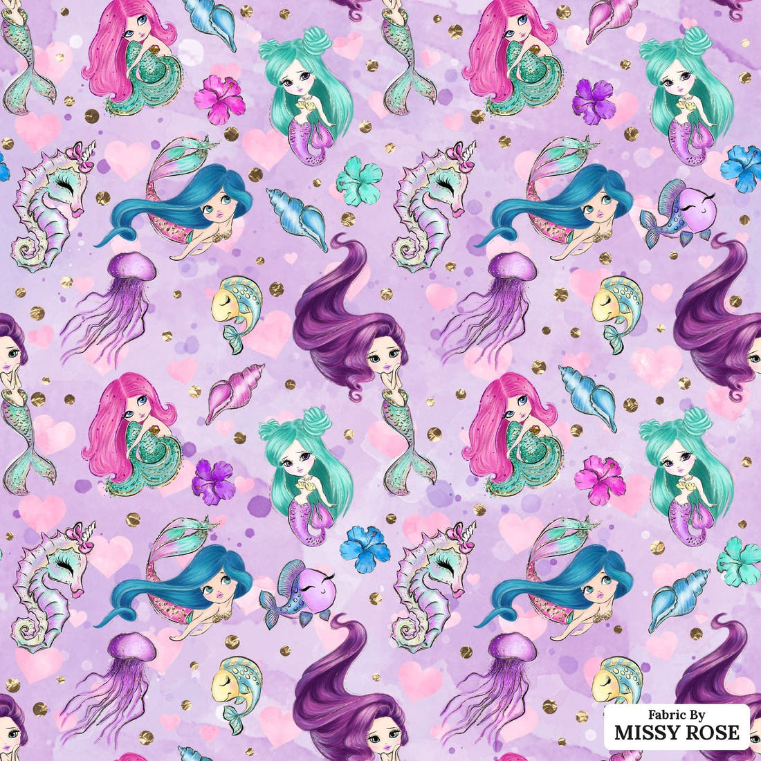Design 503 Purple Mermaid Fabric - flat view of the print, zoom in for detail | Fabric by Missy Rose