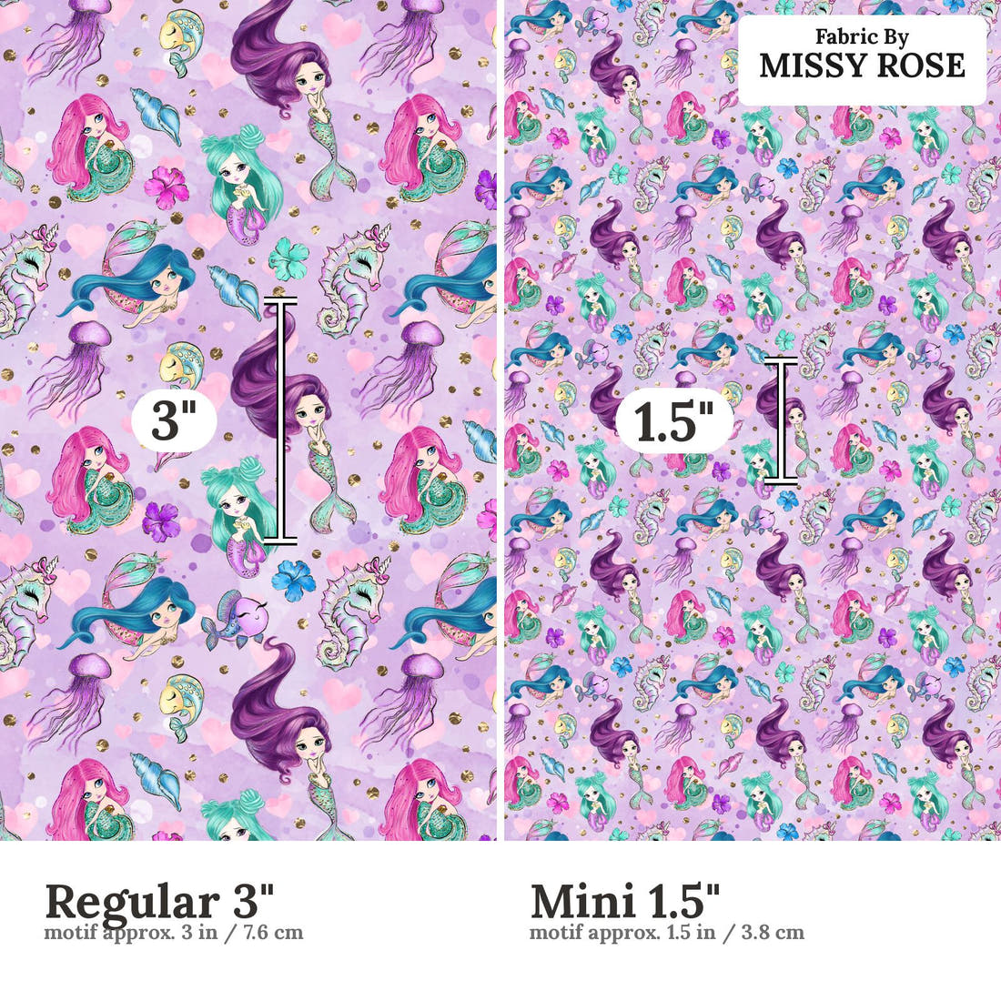 Design 503 Purple Mermaid Fabric size comparison - print scale | Fabric by Missy Rose