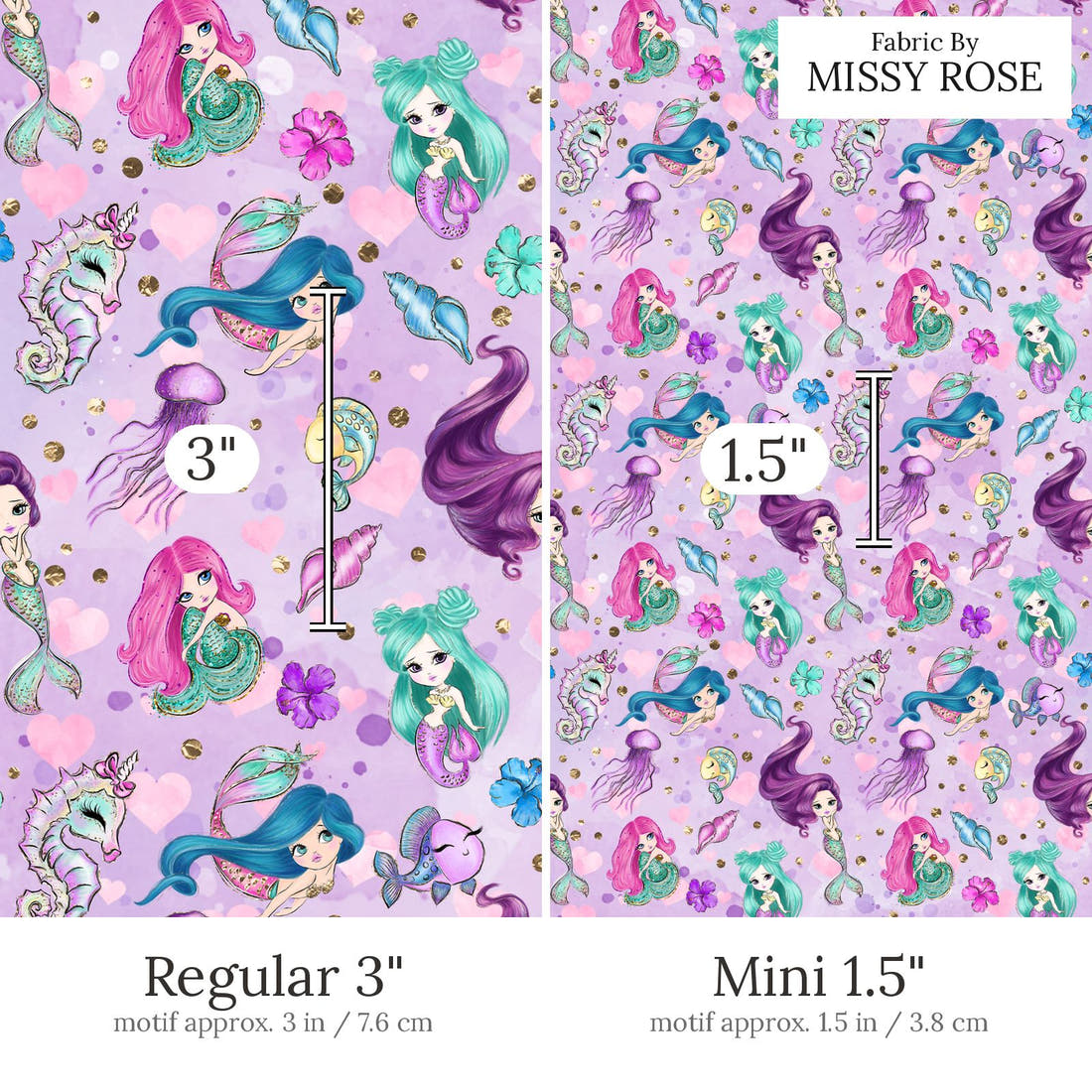Design 503 Purple Mermaid Fabric Regular 3 inch vs Mini 1.5 inch print scale side by side | Fabric by Missy Rose