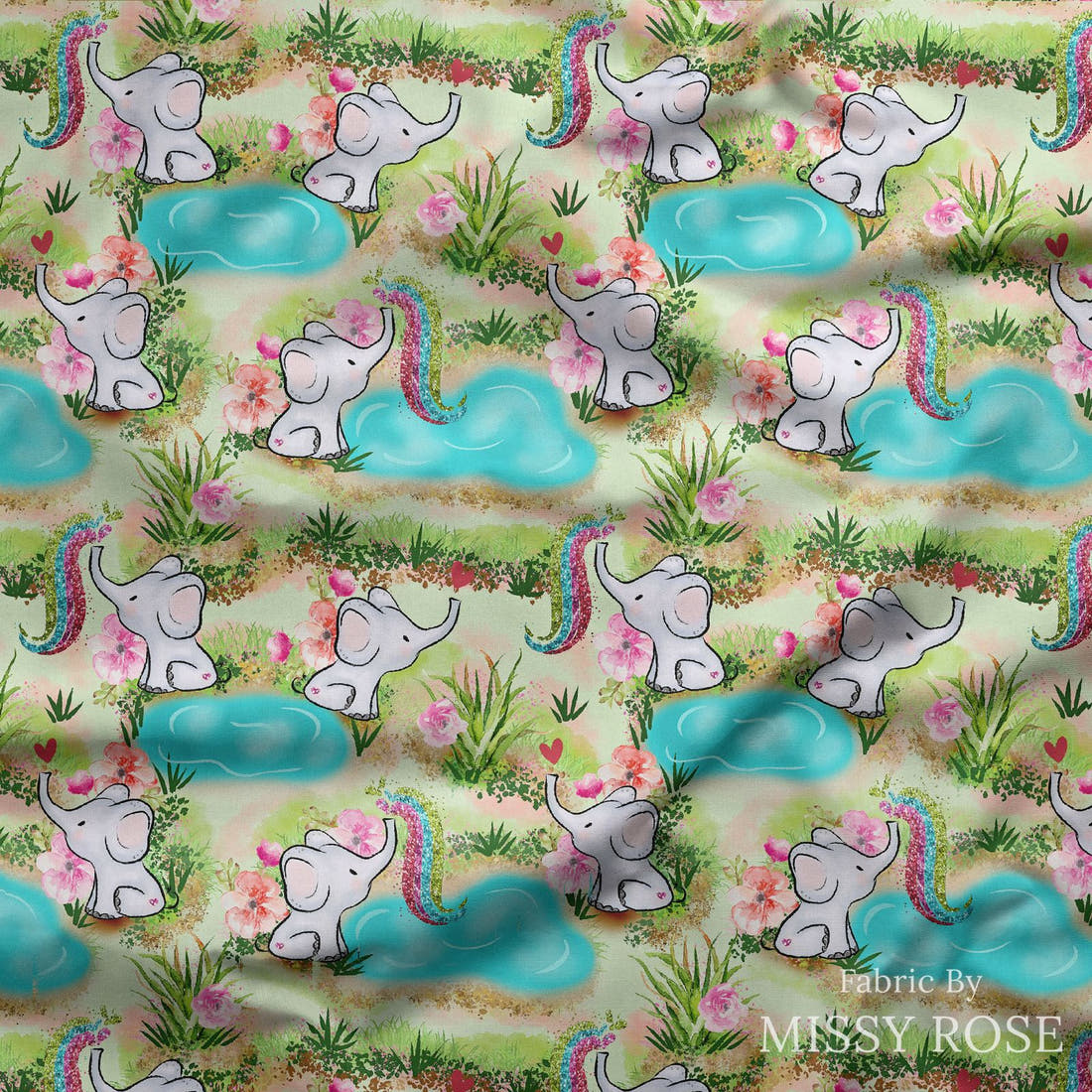 Design 504 Elephant Fabric draped fabric mockup – custom printed fabric by the metre | Fabric by Missy Rose