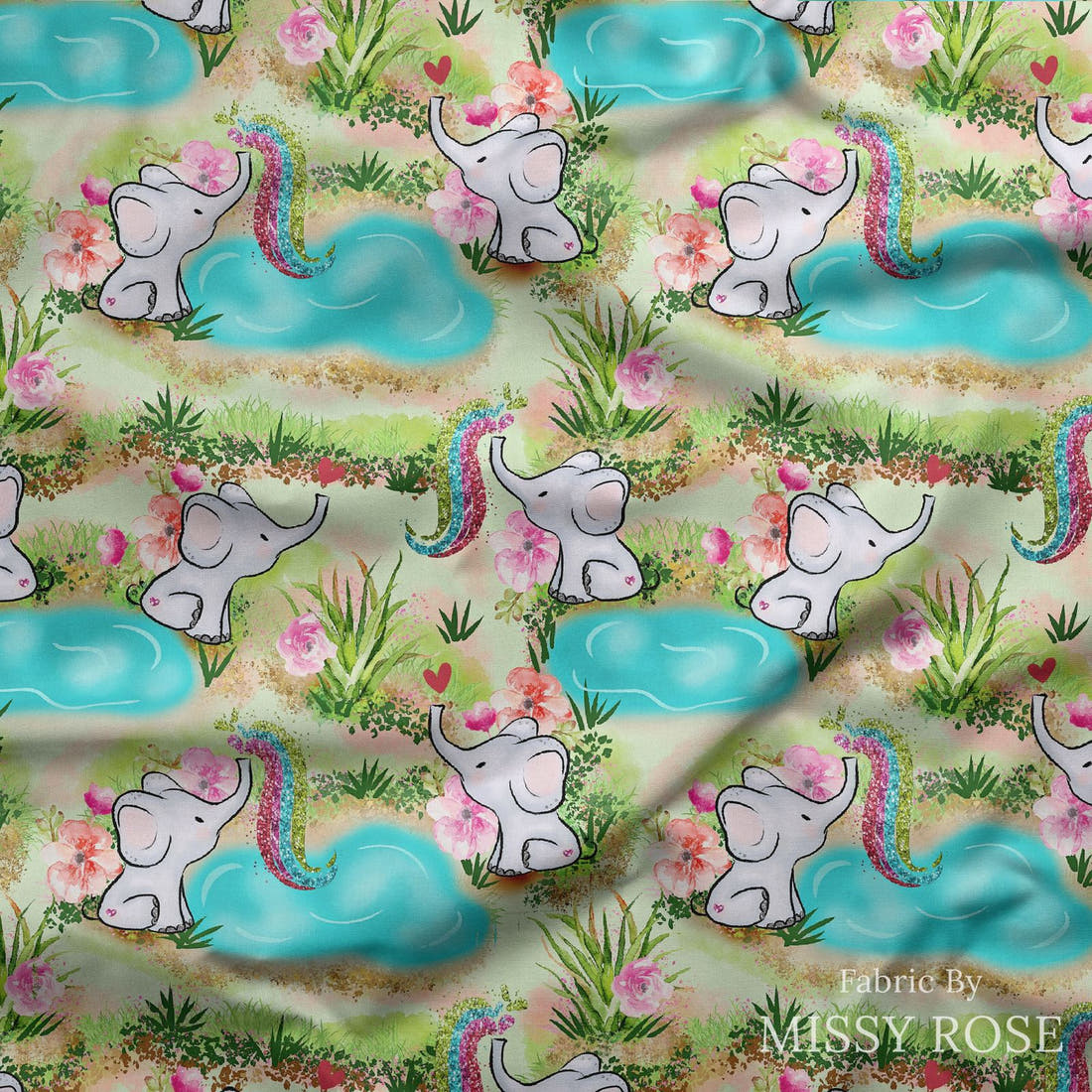Design 504 Elephant Fabric draped fabric mockup – custom printed fabric by the metre | Fabric by Missy Rose