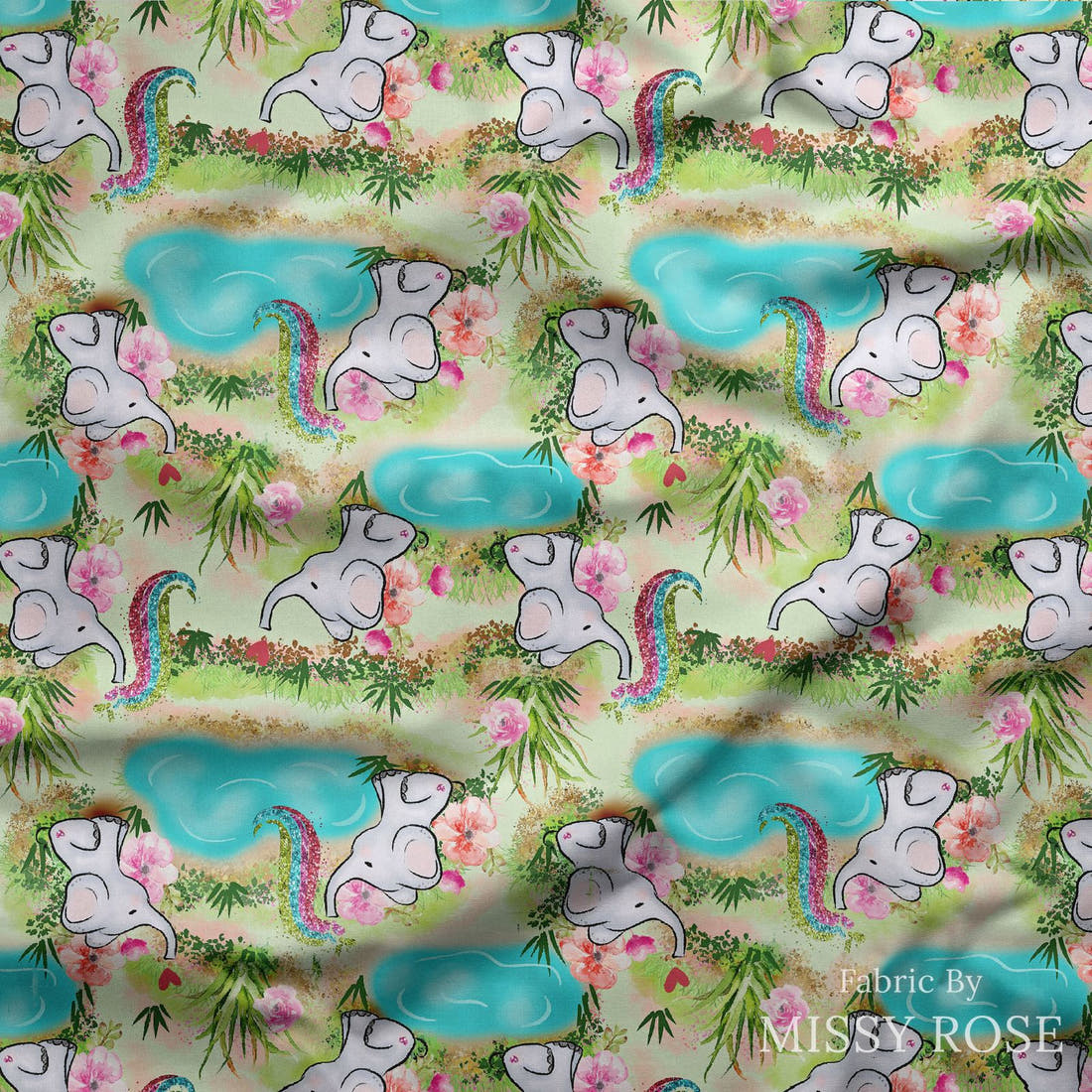 Design 504 Elephant Fabric draped fabric mockup – custom printed fabric by the metre | Fabric by Missy Rose