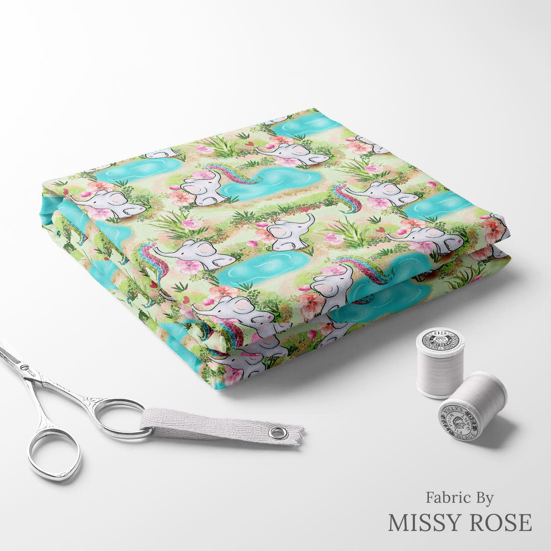 Design 504 Elephant Fabric folded fabric stack with matching thread – pre-order fabric Australia | Fabric by Missy Rose