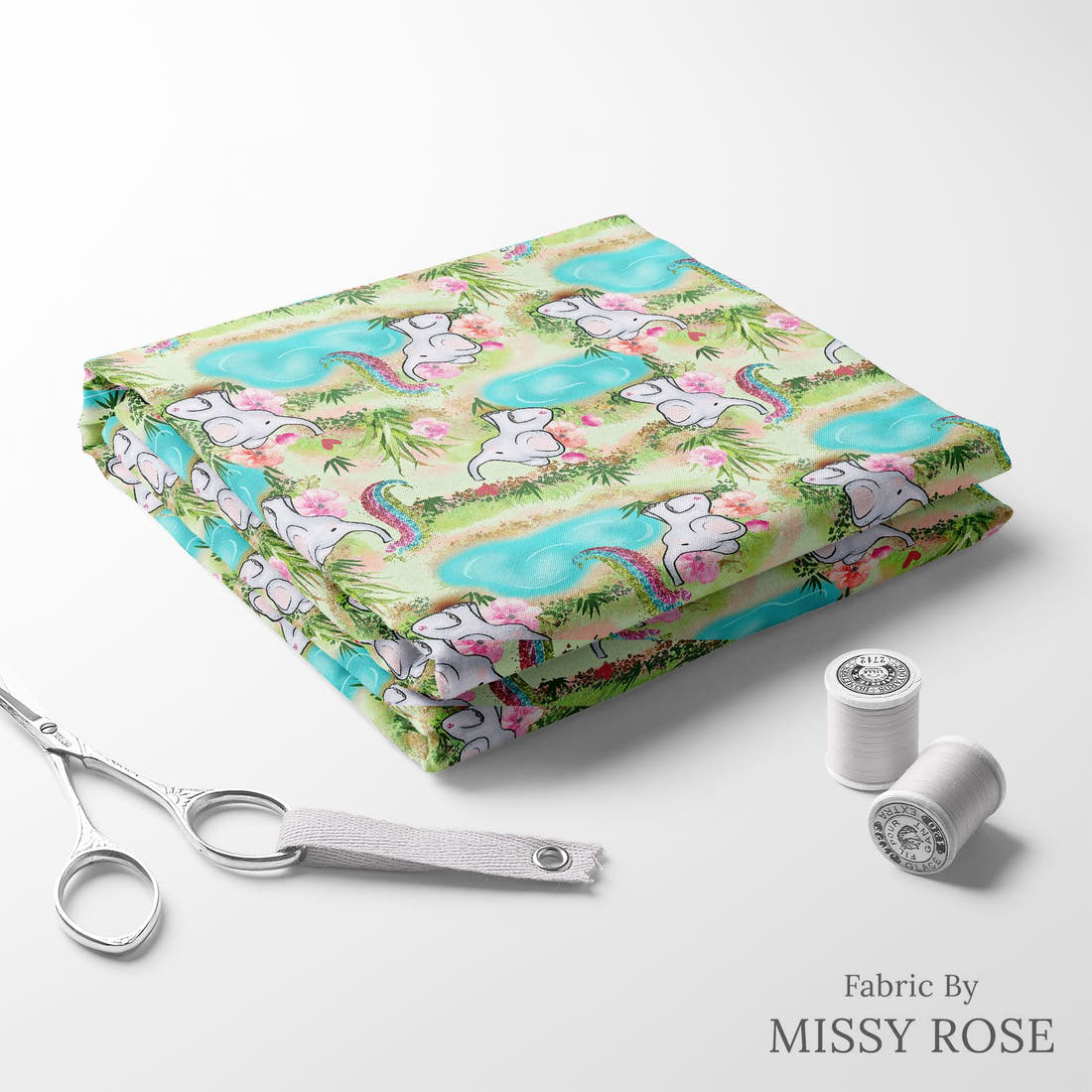 Design 504 Elephant Fabric folded fabric stack with matching thread – pre-order fabric Australia | Fabric by Missy Rose