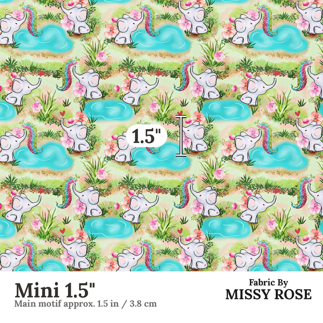 Design 504 Elephant Fabric Mini 1.5" - print scale | Fabric by Missy Rose