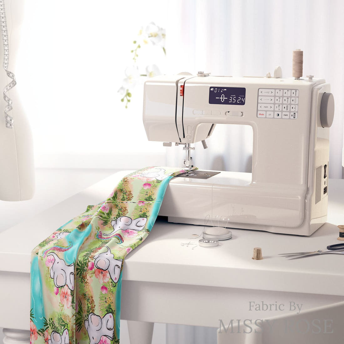 Design 504 Elephant Fabric on a sewing machine – premium fabric for sewing projects | Fabric by Missy Rose