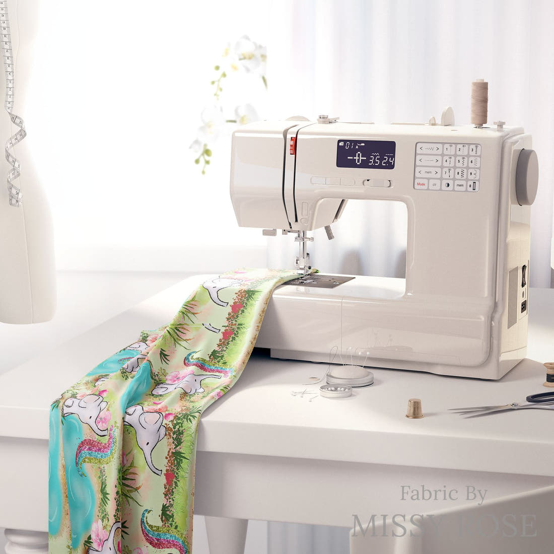 Design 504 Elephant Fabric on a sewing machine – premium fabric for sewing projects | Fabric by Missy Rose