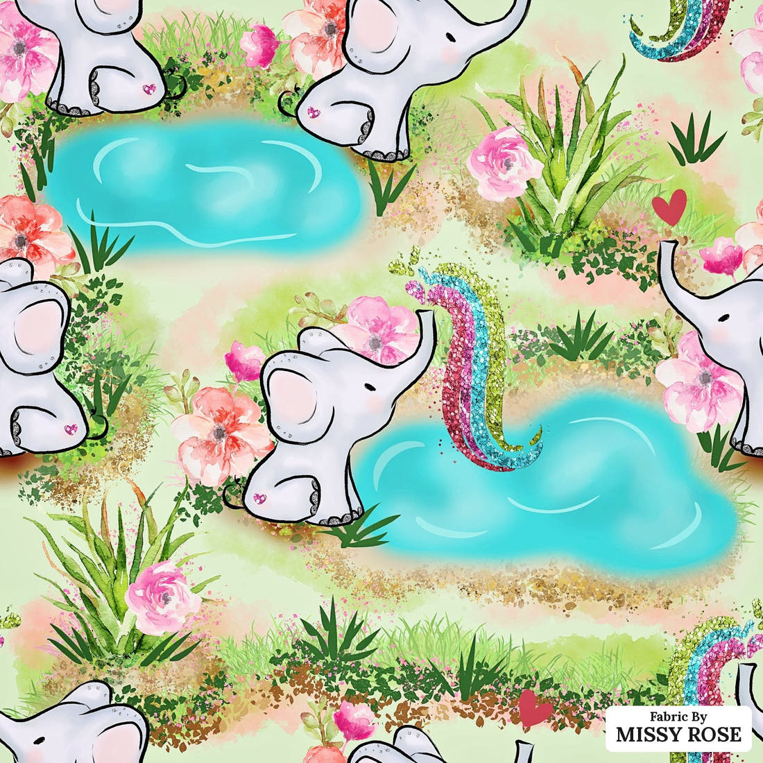 Design 504 Elephant Fabric - flat view of the print, zoom in for detail | Fabric by Missy Rose