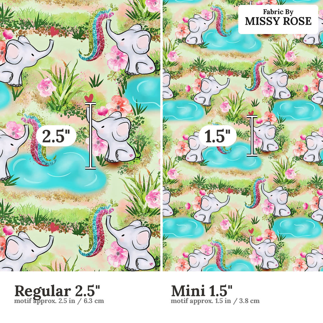 Design 504 Elephant Fabric size comparison - print scale | Fabric by Missy Rose