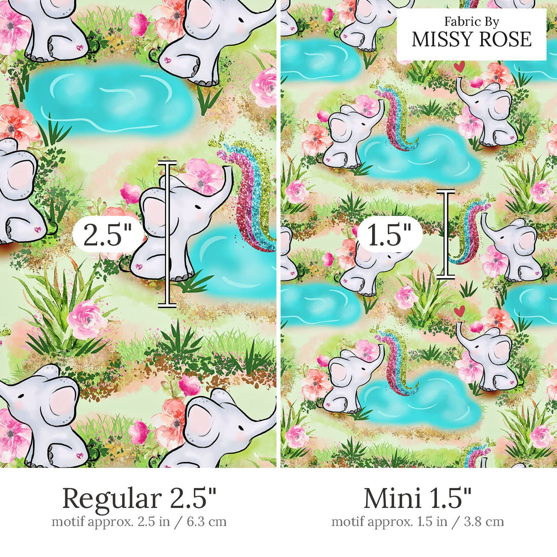 Design 504 Elephant Fabric Regular 2.5 inch vs Mini 1.5 inch print scale side by side | Fabric by Missy Rose
