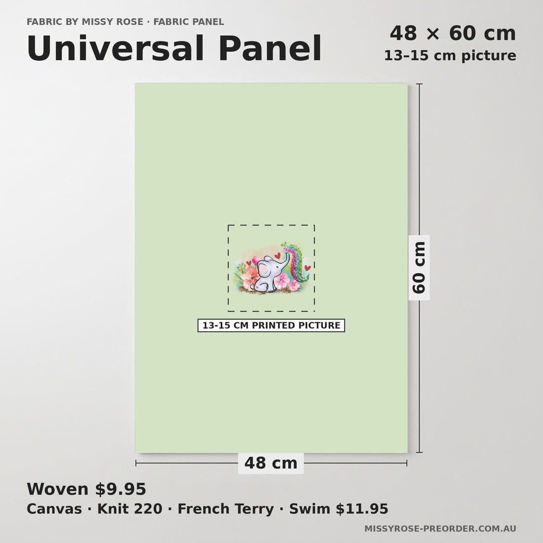 Design 504 Elephant Panel universal panel sizing – 13–15 cm printed picture on 48 × 60 cm fabric | Fabric by Missy Rose