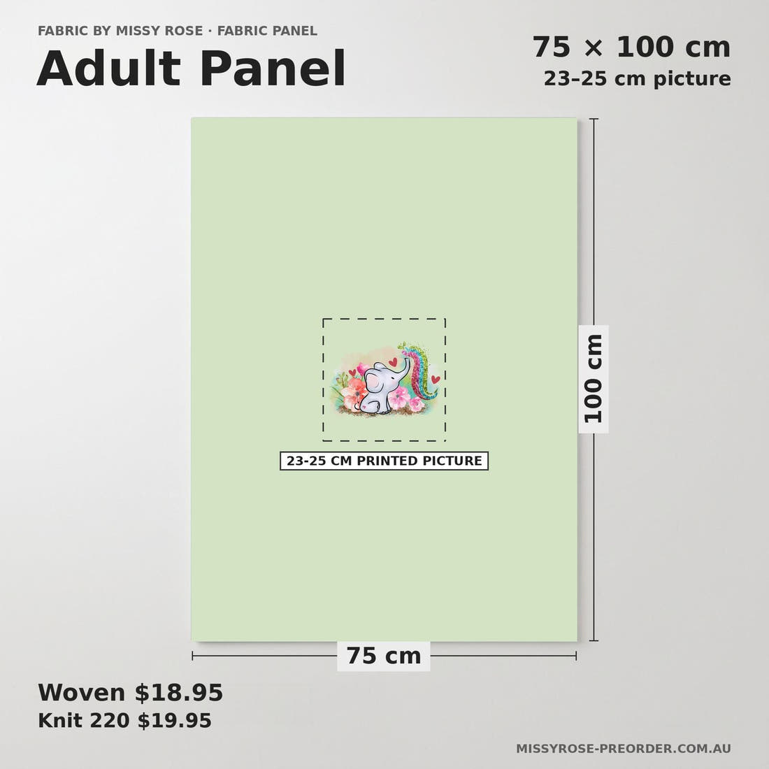 Design 504 Elephant Panel adult panel sizing – 23–25 cm printed picture on 75 × 100 cm fabric | Fabric by Missy Rose