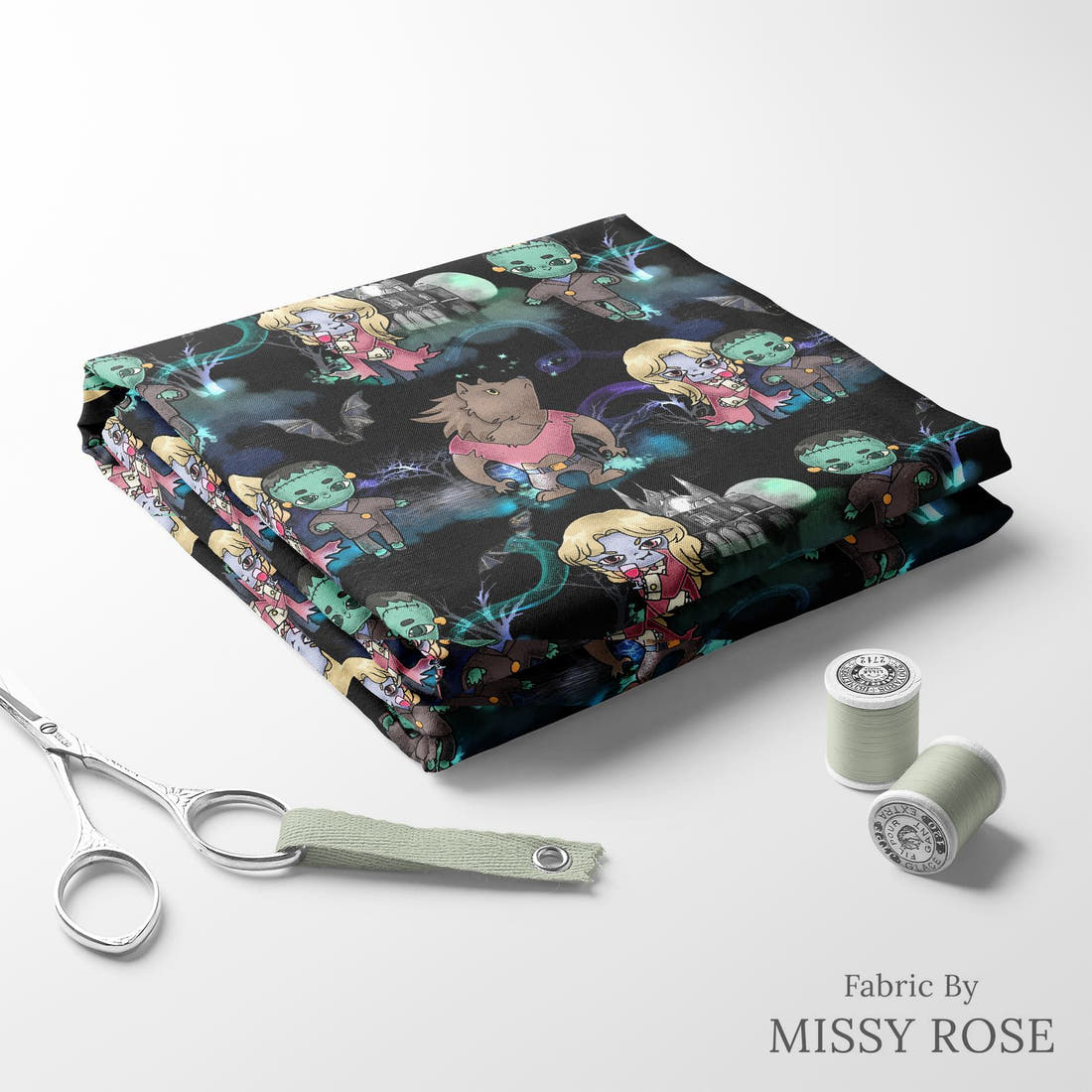 Design 505 Frankenstine Fabric folded fabric stack with matching thread – pre-order fabric Australia | Fabric by Missy Rose