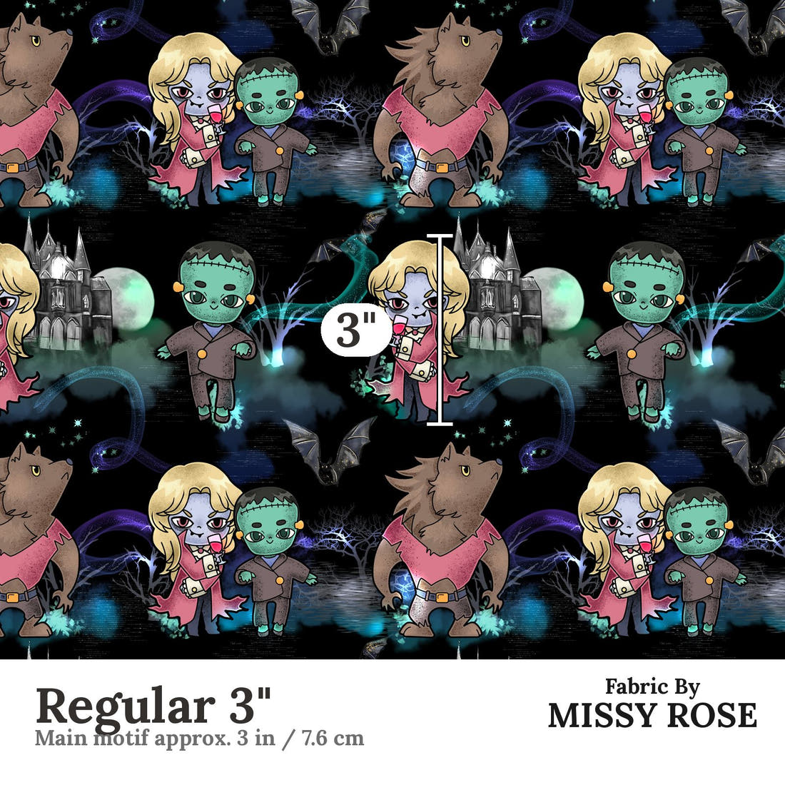 Design 505 Frankenstein Fabric Regular 3" - print scale | Fabric by Missy Rose