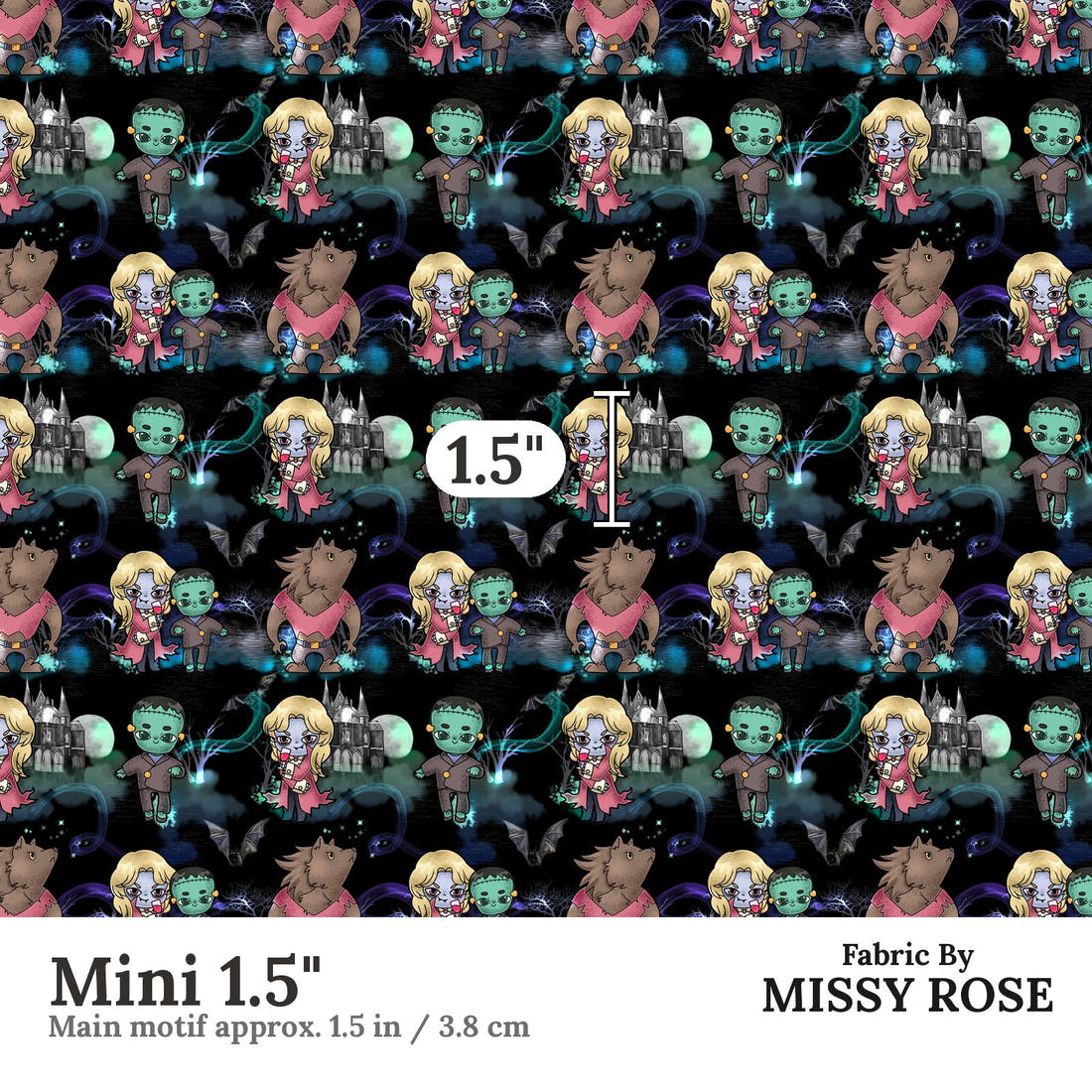 Design 505 Frankenstein Fabric Mini 1.5" - print scale | Fabric by Missy Rose