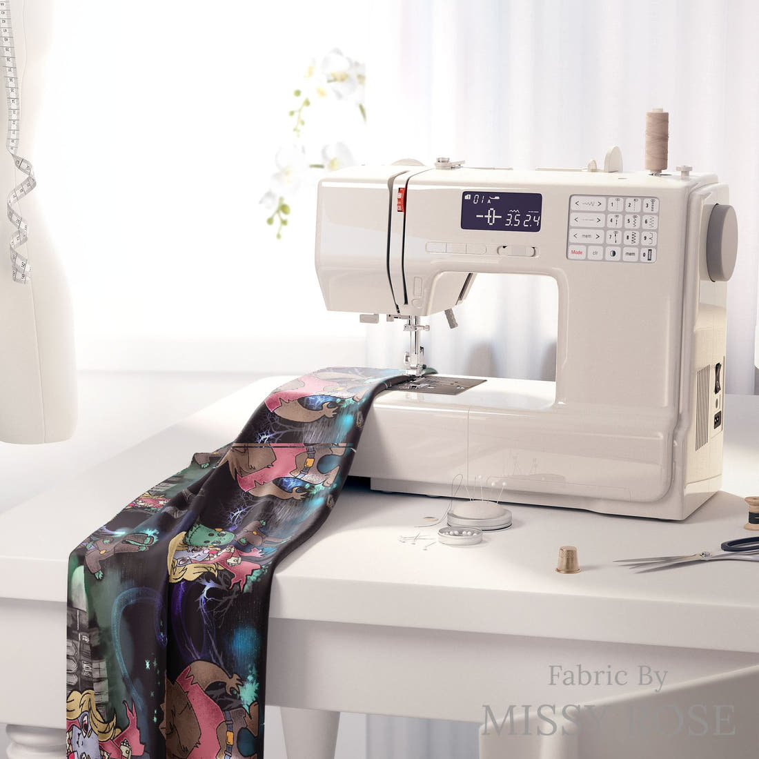 Design 505 Frankenstine Fabric on a sewing machine – premium fabric for sewing projects | Fabric by Missy Rose