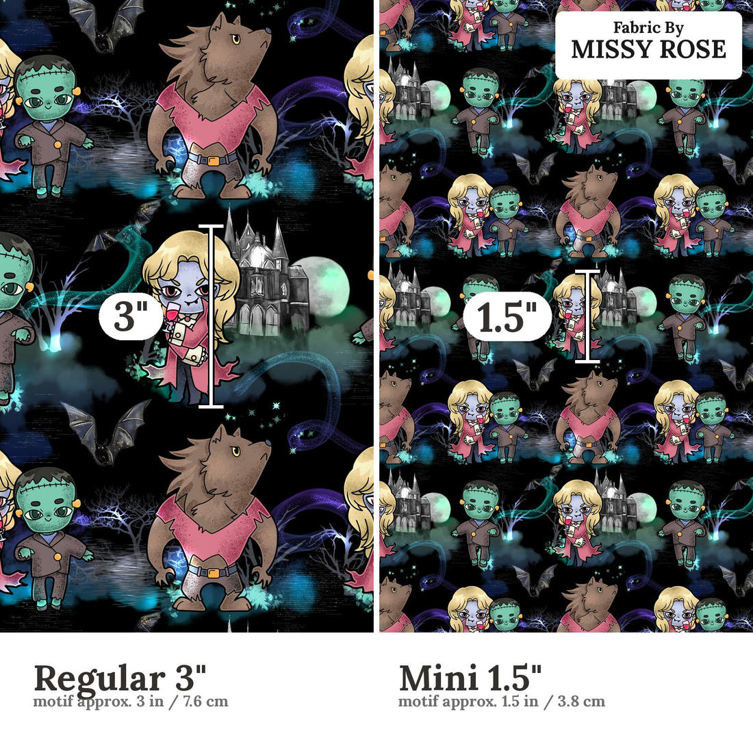 Design 505 Frankenstein Fabric size comparison - print scale | Fabric by Missy Rose