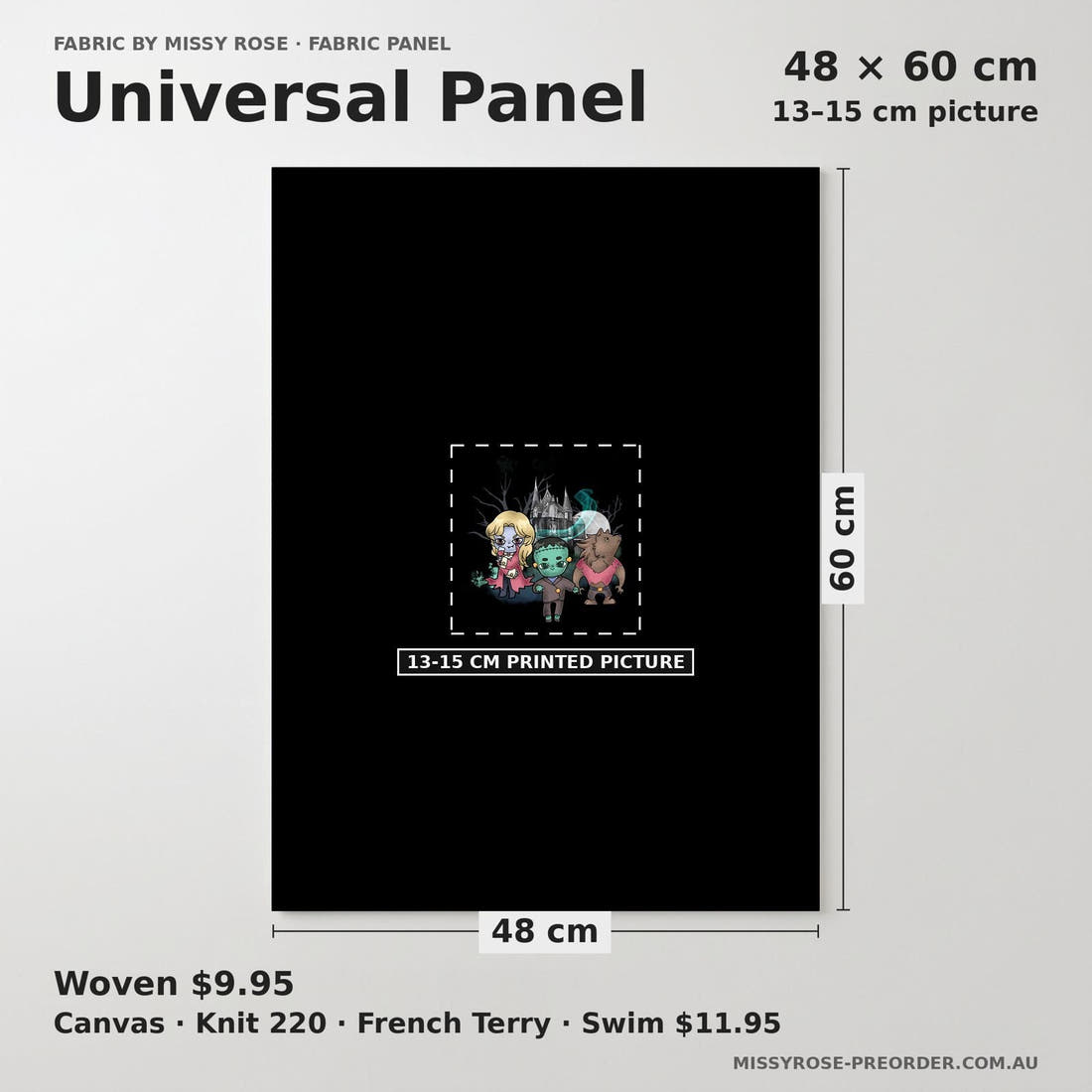 Design 505 Frankenstine Panel universal panel sizing – 13–15 cm printed picture on 48 × 60 cm fabric | Fabric by Missy Rose