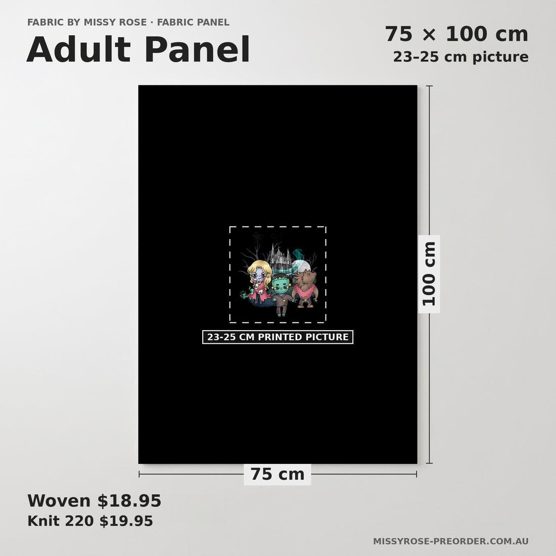 Design 505 Frankenstine Panel adult panel sizing – 23–25 cm printed picture on 75 × 100 cm fabric | Fabric by Missy Rose