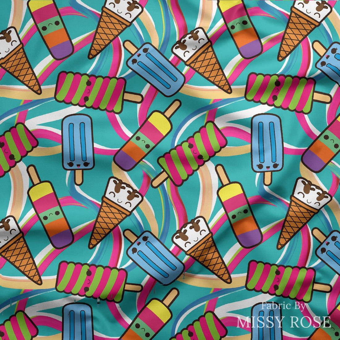 Design 506 Bright Ice Blocks Fabric draped fabric mockup – custom printed fabric by the metre | Fabric by Missy Rose