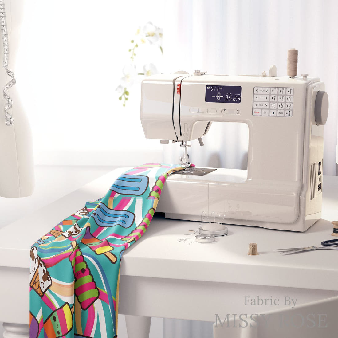 Design 506 Bright Ice Blocks Fabric on a sewing machine – premium fabric for sewing projects | Fabric by Missy Rose