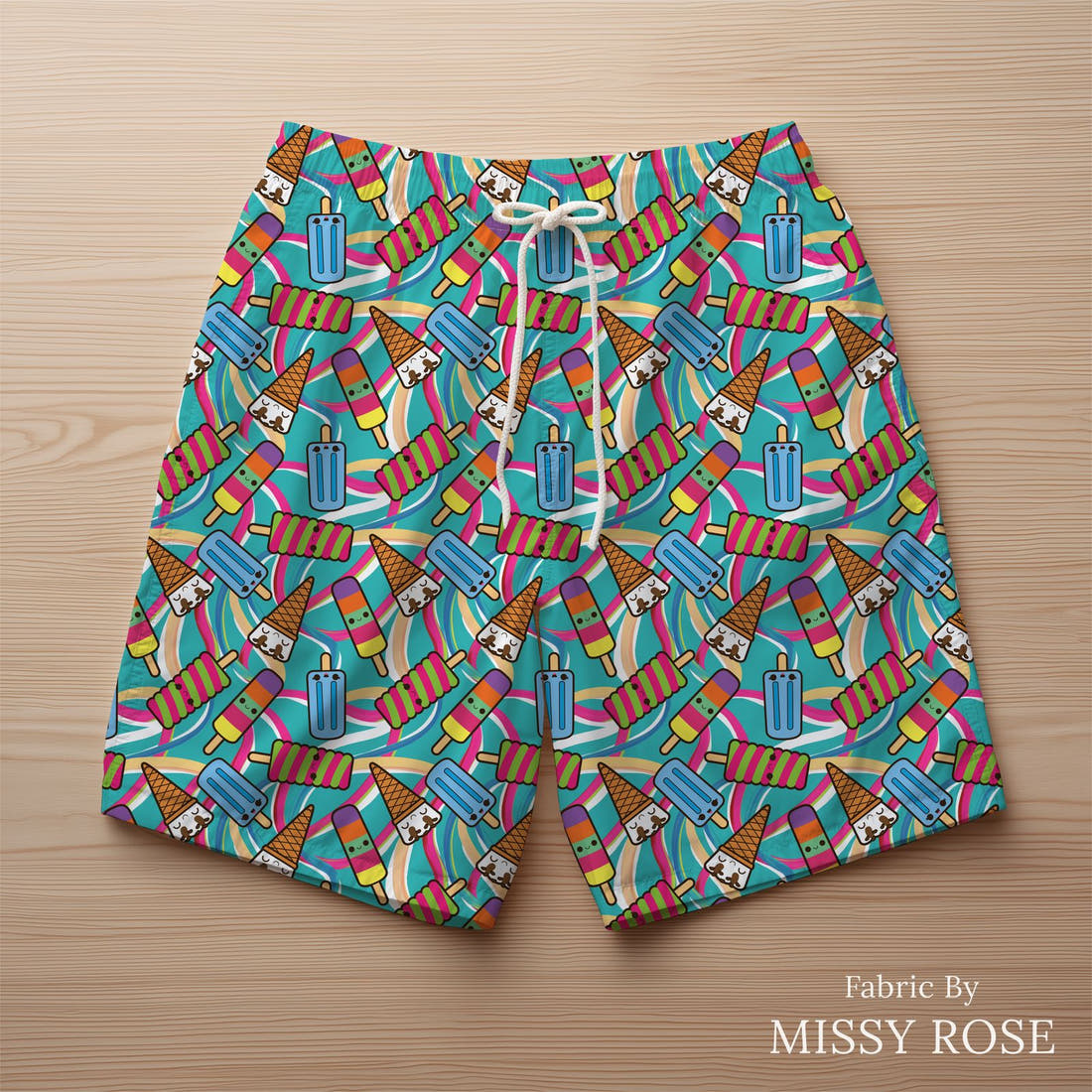 Design 506 Bright Ice Blocks Fabric sewn into swim shorts – see how the print looks made up | Fabric by Missy Rose