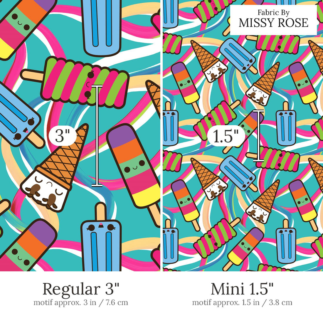 Design 506 Bright Ice Blocks Fabric Regular 3 inch vs Mini 1.5 inch print scale side by side | Fabric by Missy Rose
