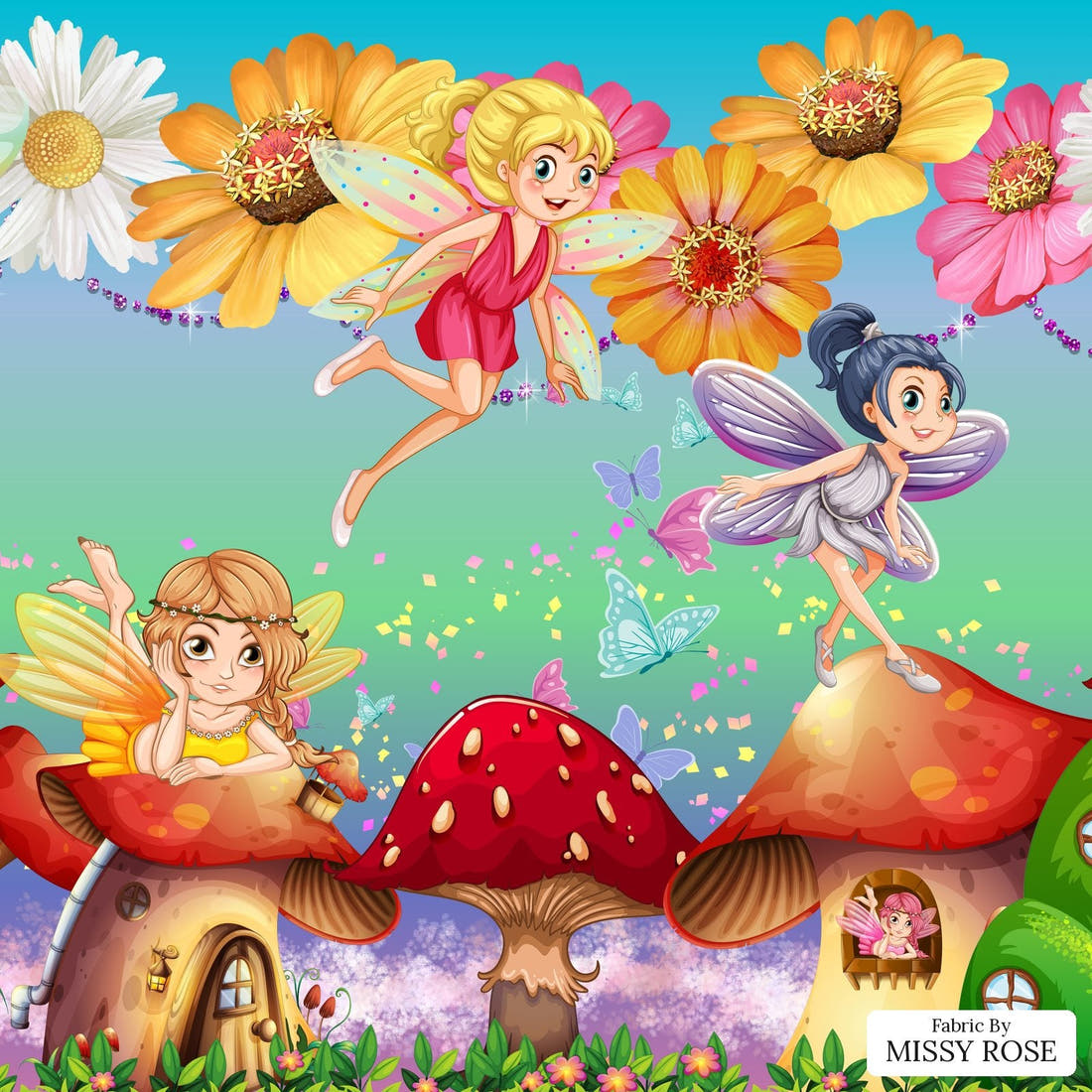 Design 507 Fairy Fabric border detail – fairies, daisies and toadstool houses along the fabric edge | Fabric by Missy Rose