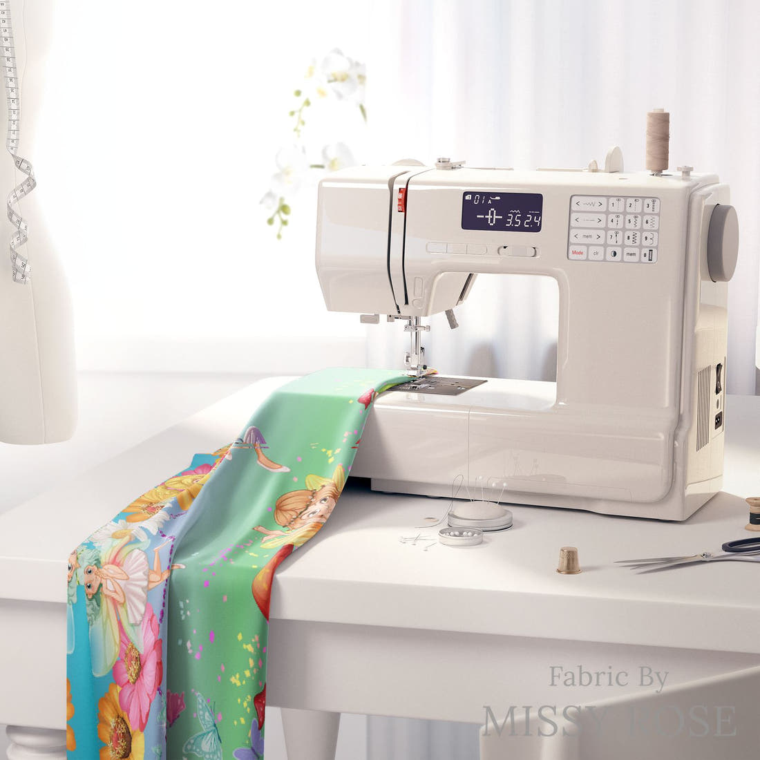 Design 507 Fairy Fabric on a sewing machine – premium fabric for sewing projects | Fabric by Missy Rose