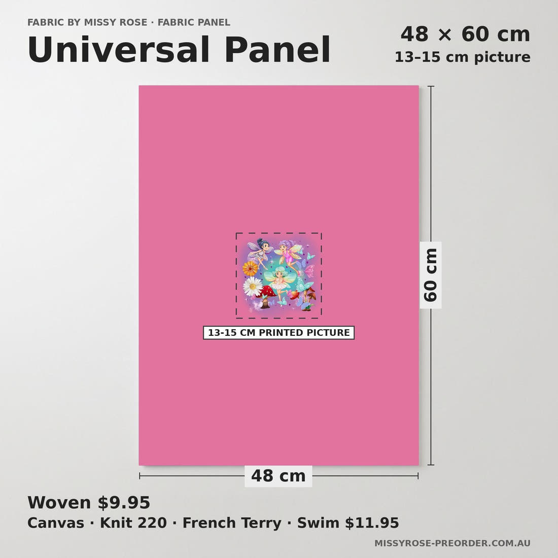 Design 507 Fairy Panel universal panel sizing – 13–15 cm printed picture on 48 × 60 cm fabric | Fabric by Missy Rose