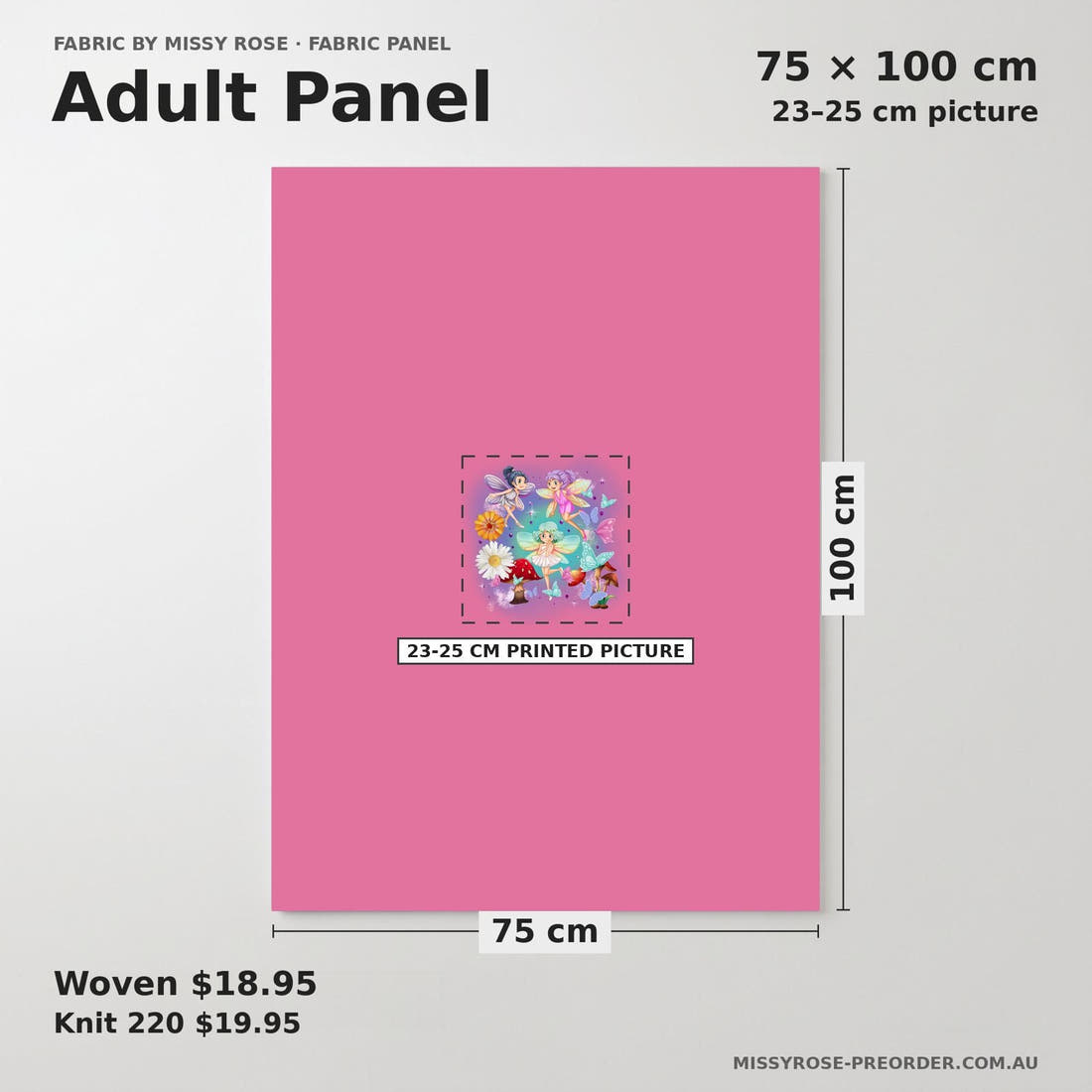 Design 507 Fairy Panel adult panel sizing – 23–25 cm printed picture on 75 × 100 cm fabric | Fabric by Missy Rose
