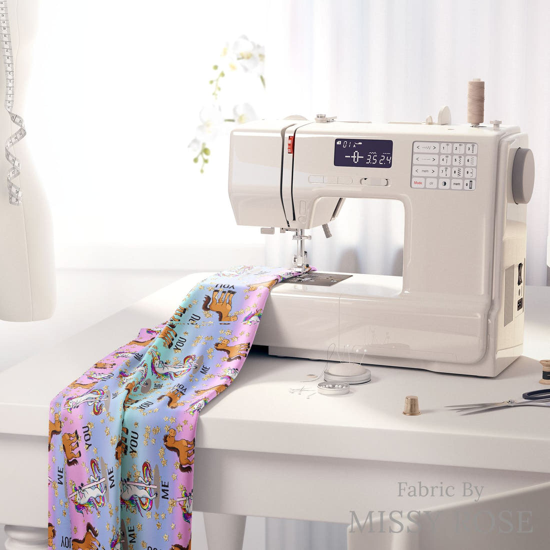 Design 508 Funny Fabric on a sewing machine – premium fabric for sewing projects | Fabric by Missy Rose