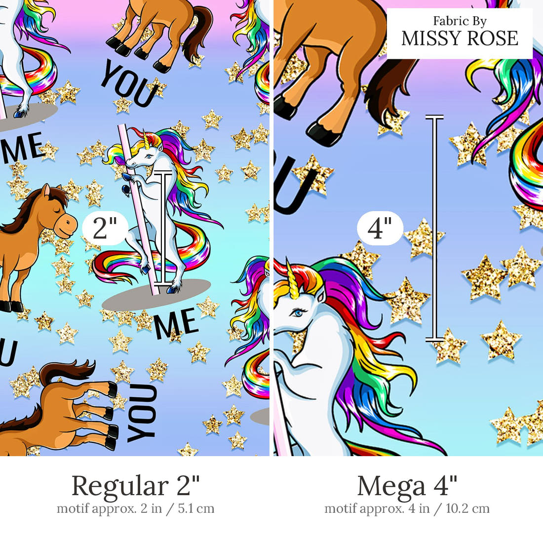 Design 508 Funny Fabric Regular 2 inch vs Mega 4 inch print scale side by side | Fabric by Missy Rose