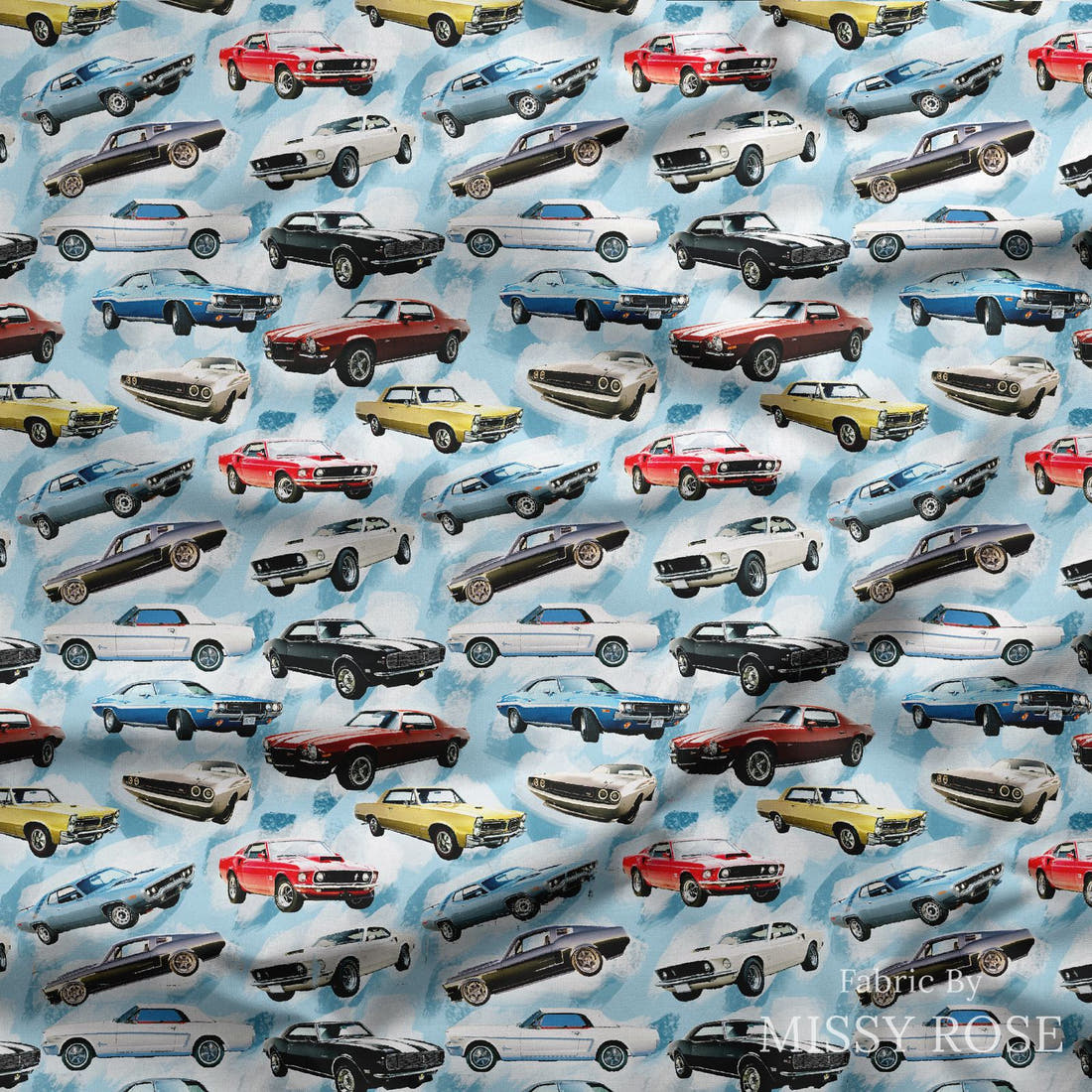 Design 509 Cars Fabric draped fabric mockup – custom printed fabric by the metre | Fabric by Missy Rose