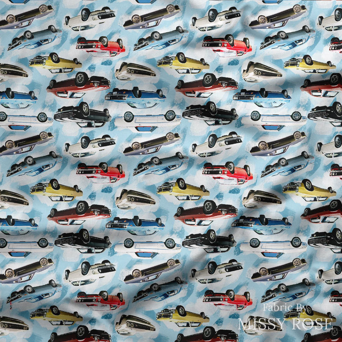 Design 509 Cars Fabric draped fabric mockup – custom printed fabric by the metre | Fabric by Missy Rose
