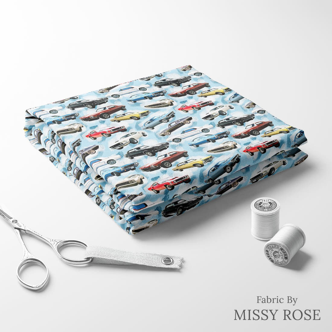 Design 509 Cars Fabric folded fabric stack with matching thread – pre-order fabric Australia | Fabric by Missy Rose