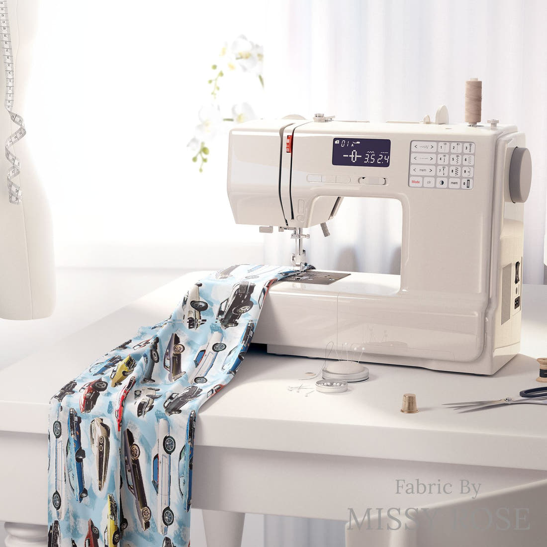 Design 509 Cars Fabric on a sewing machine – premium fabric for sewing projects | Fabric by Missy Rose