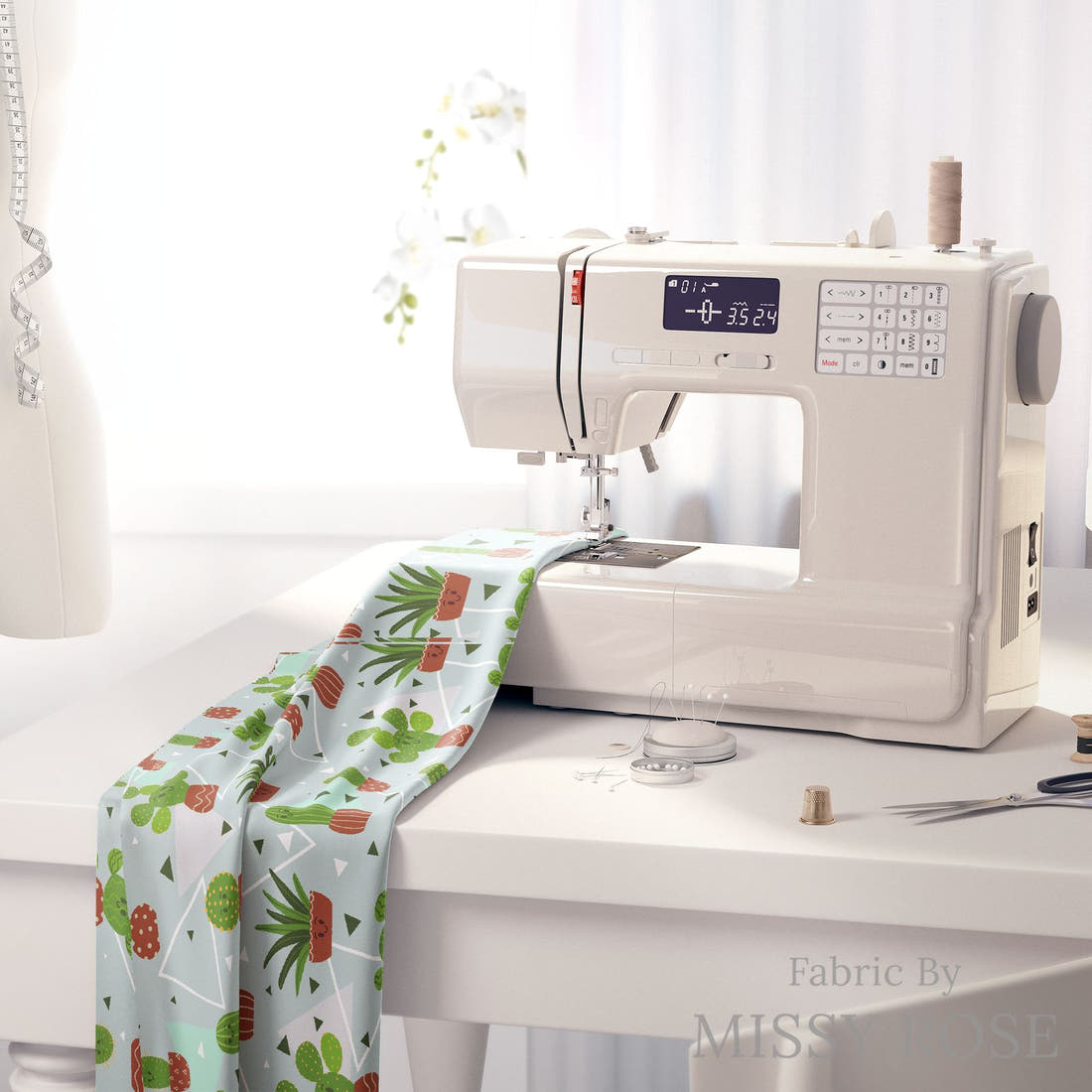 Design 51 Cactus Fabric on a sewing machine – premium fabric for sewing projects | Fabric by Missy Rose