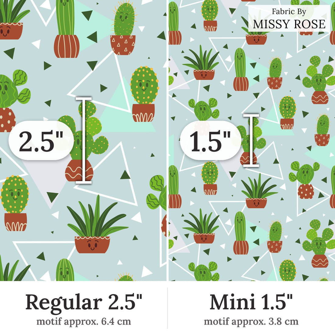 Design 51 Cactus Fabric Regular 2.5 inch vs Mini 1.5 inch print scale side by side | Fabric by Missy Rose