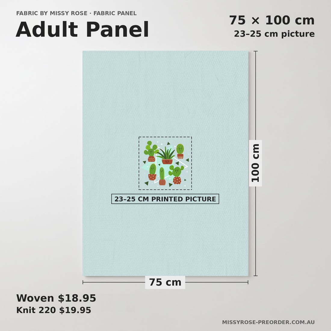 Design 51 Cactus Panel adult panel sizing – 23–25 cm printed picture on 75 × 100 cm fabric | Fabric by Missy Rose