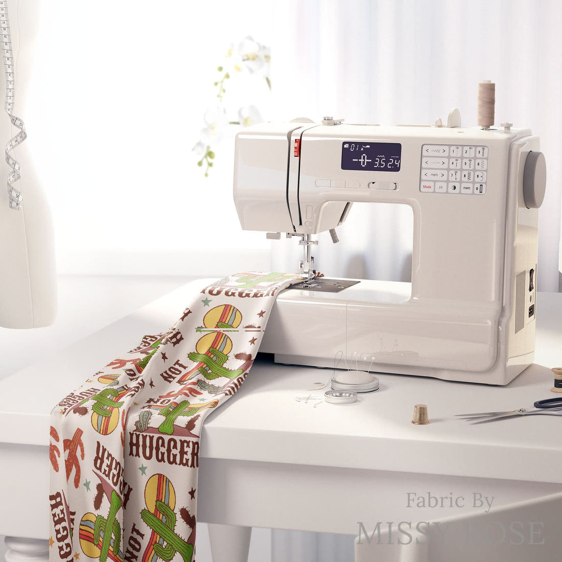 Design 510 Cactus Fabric on a sewing machine – premium fabric for sewing projects | Fabric by Missy Rose