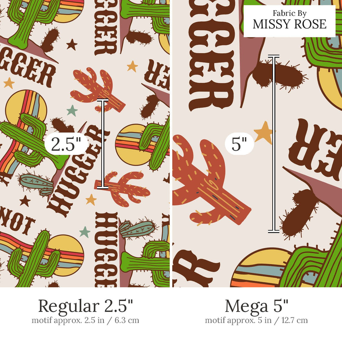 Design 510 Cactus Fabric Regular 2.5 inch vs Mega 5 inch print scale side by side | Fabric by Missy Rose