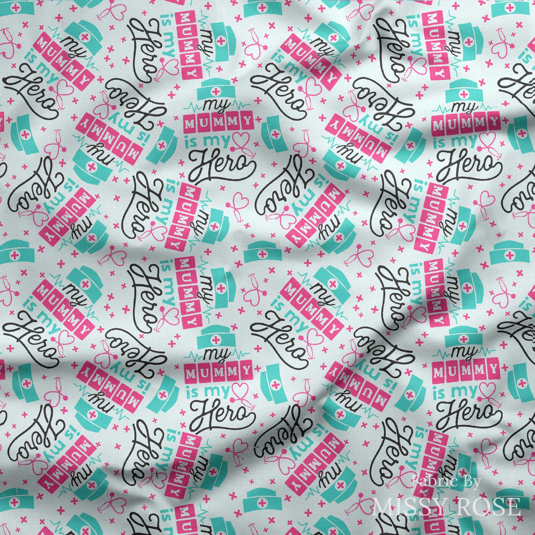 Design 511 Nurse Mum Fabric draped fabric mockup – custom printed fabric by the metre | Fabric by Missy Rose
