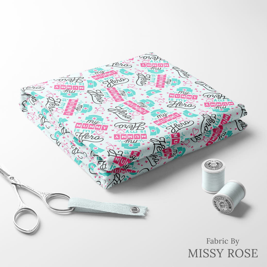 Design 511 Nurse Mum Fabric folded fabric stack with matching thread – pre-order fabric Australia | Fabric by Missy Rose