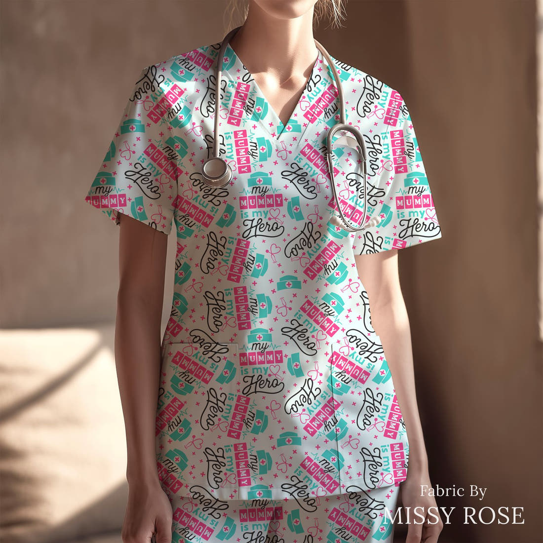 Design 511 Nurse Mum Fabric sewn into a scrubs top – see how the print looks made up | Fabric by Missy Rose