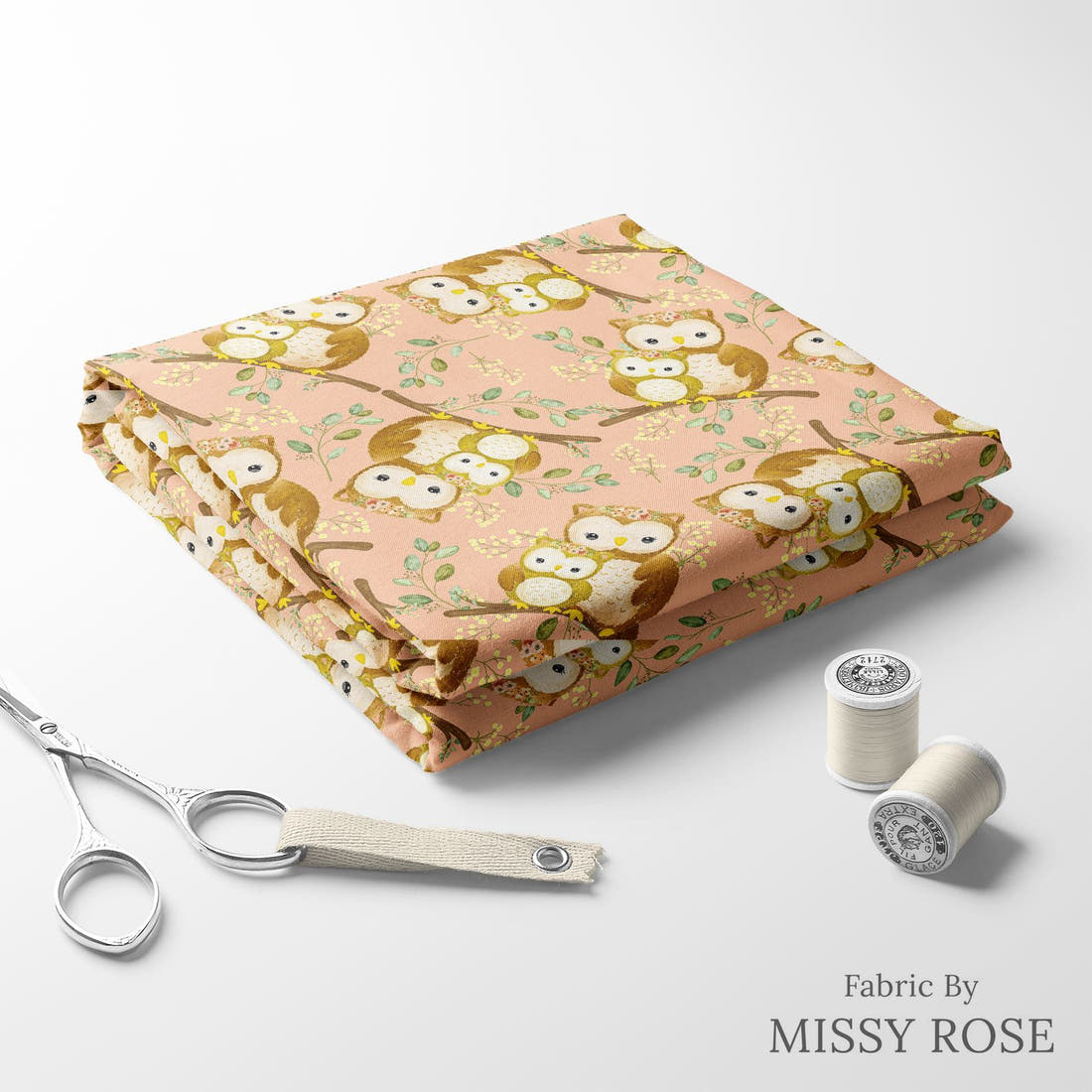 Design 512 Owl Fabric folded fabric stack with matching thread – pre-order fabric Australia | Fabric by Missy Rose